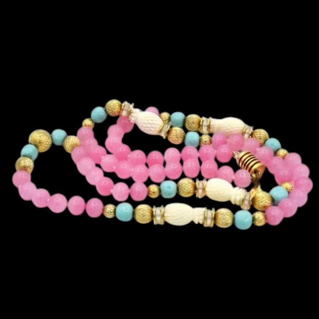 Vintage Gay Boyer Pineapples Glass Beads & Gold Tone Metal Pink Blue Cream